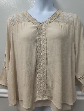 Style & Co. Lace Top XL Beige Layered Lace Detail Lined Boho, Peasant Flowy Work